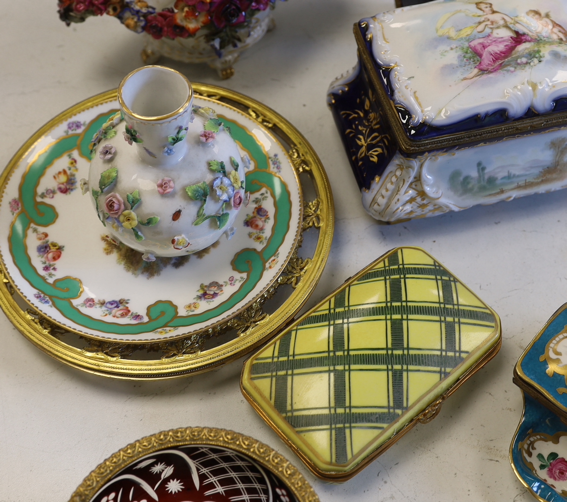 A collection of European porcelain and glass, including lidded boxes, ormolu mounted glass plates, dishes, etc. (10)